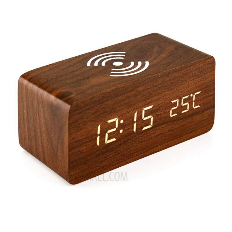 Qi Wireless Charging Pad Wood Grain Sound Control Led Digital Alarm Clock-1