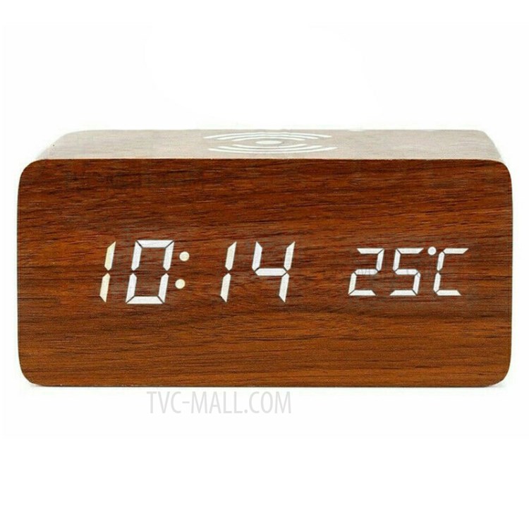 Qi Wireless Charging Pad Wood Grain Sound Control Led Digital Alarm Clock-2