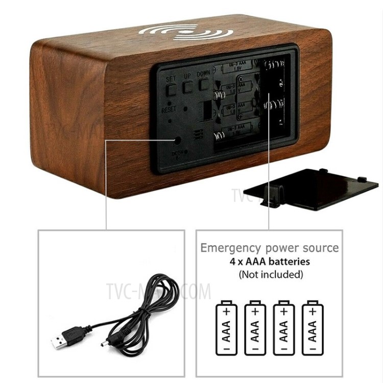Qi Wireless Charging Pad Wood Grain Sound Control Led Digital Alarm Clock-4