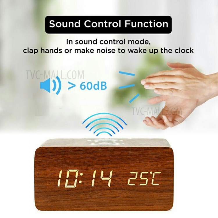 Qi Wireless Charging Pad Wood Grain Sound Control Led Digital Alarm Clock-5