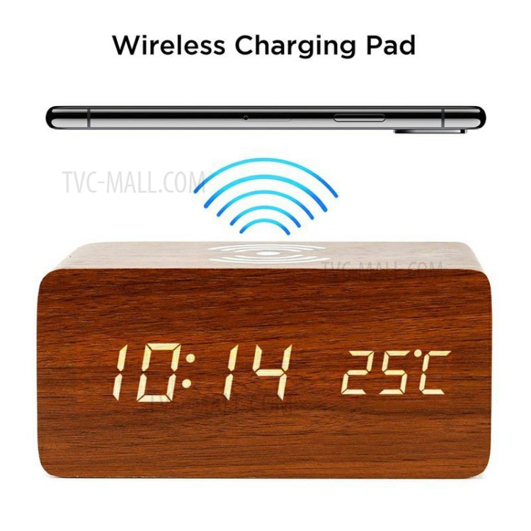 Qi Wireless Charging Pad Wood Grain Sound Control Led Digital Alarm Clock-6