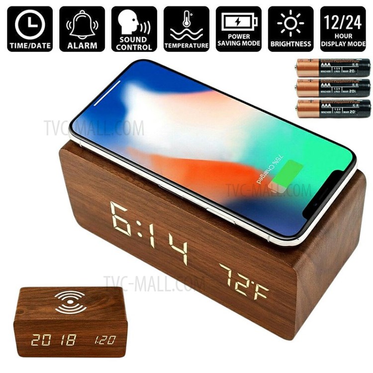 Qi Wireless Charging Pad Wood Grain Sound Control Led Digital Alarm Clock-7