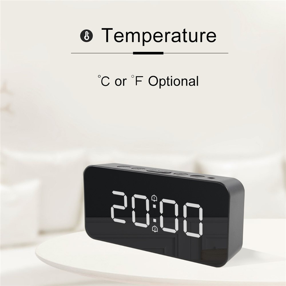 FJ3212 LED Mirror Dual Alarm Clock Automatic Light-Sensing Digital Clock with Snooze/Temperature - Black-10