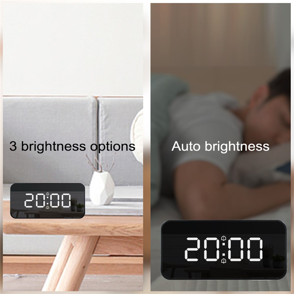 FJ3212 LED Mirror Dual Alarm Clock Automatic Light-Sensing Digital Clock with Snooze/Temperature - Black-11