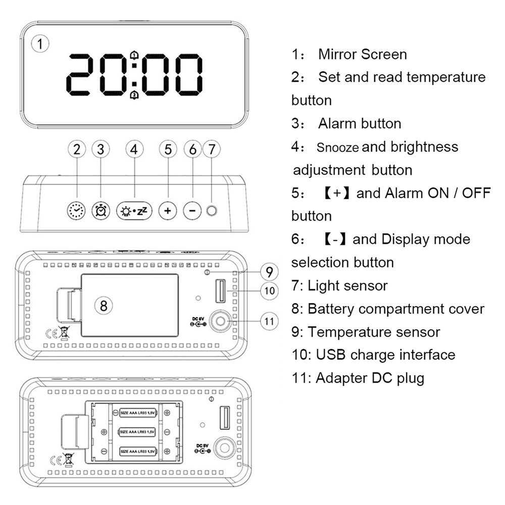 FJ3212 LED Mirror Dual Alarm Clock Automatic Light-Sensing Digital Clock with Snooze/Temperature - Black-13
