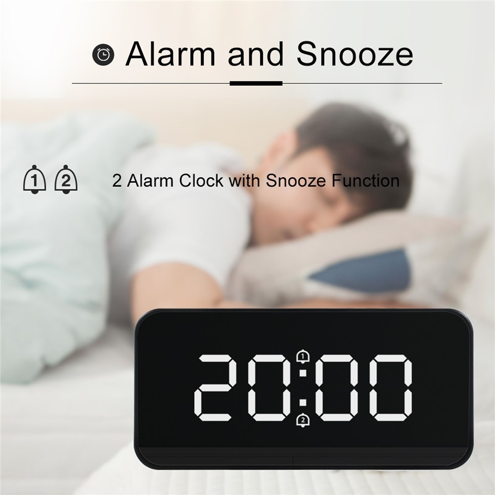 FJ3212 LED Mirror Dual Alarm Clock Automatic Light-Sensing Digital Clock with Snooze/Temperature - Black-14