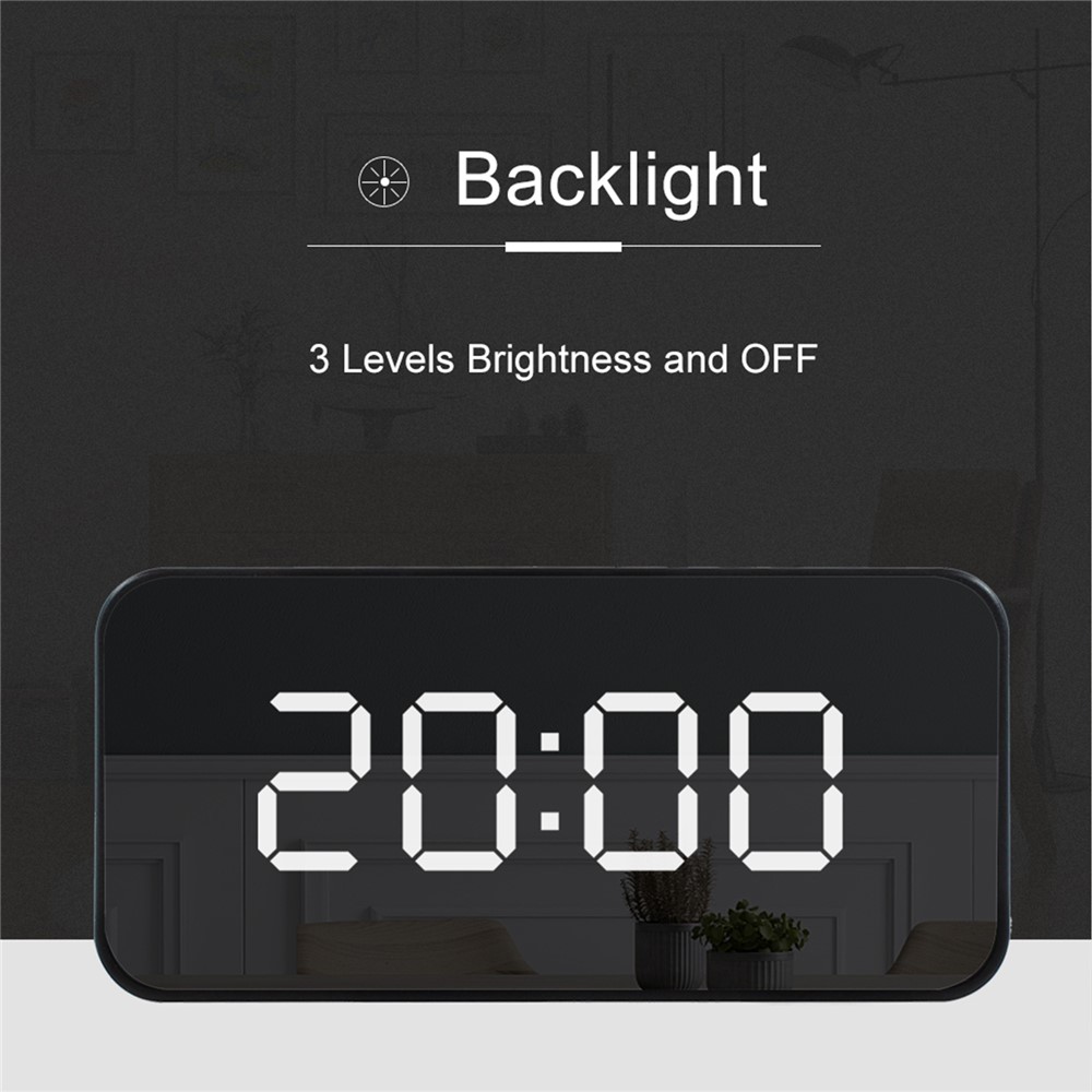 FJ3212 LED Mirror Dual Alarm Clock Automatic Light-Sensing Digital Clock with Snooze/Temperature - Black-5