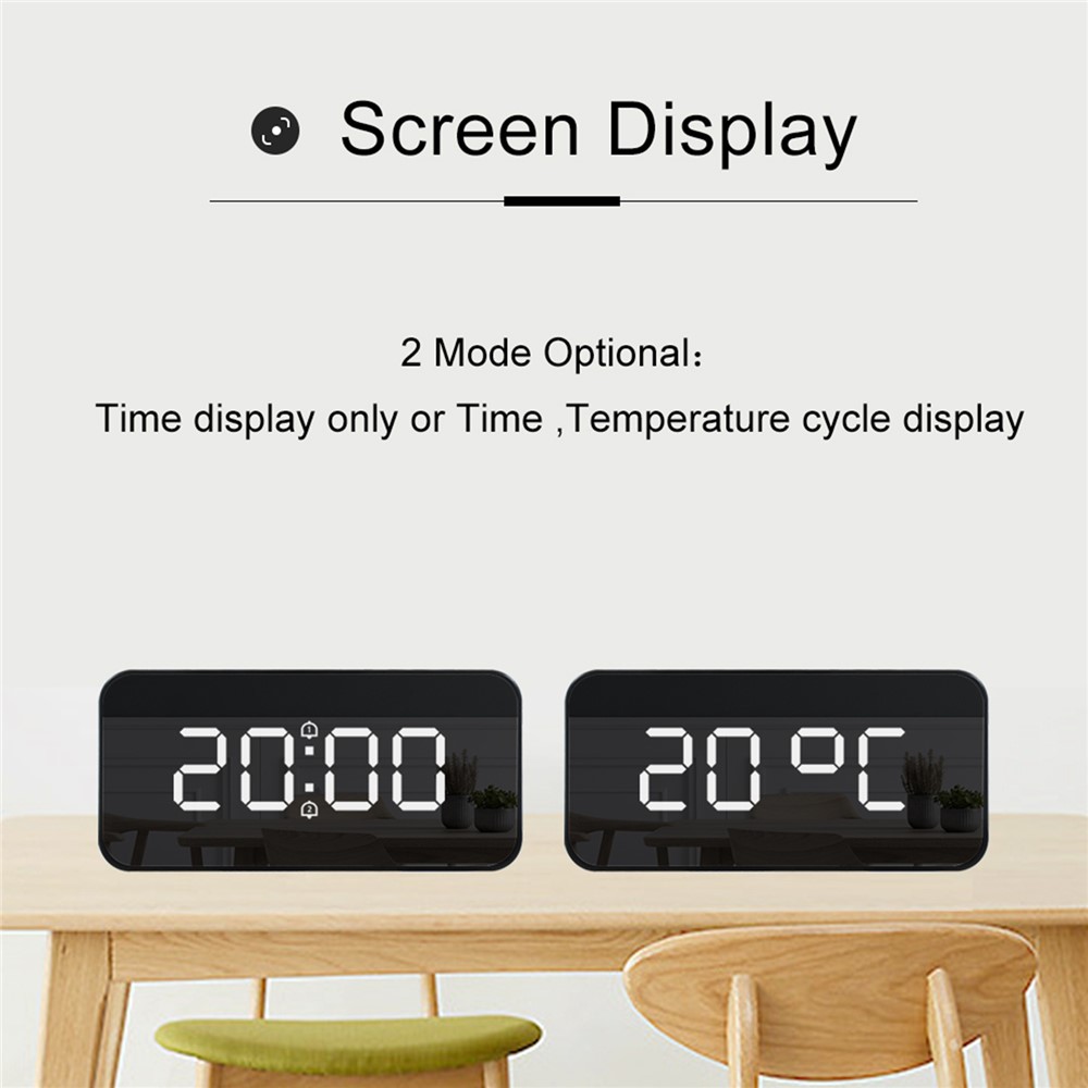 FJ3212 LED Mirror Dual Alarm Clock Automatic Light-Sensing Digital Clock with Snooze/Temperature - Black-6