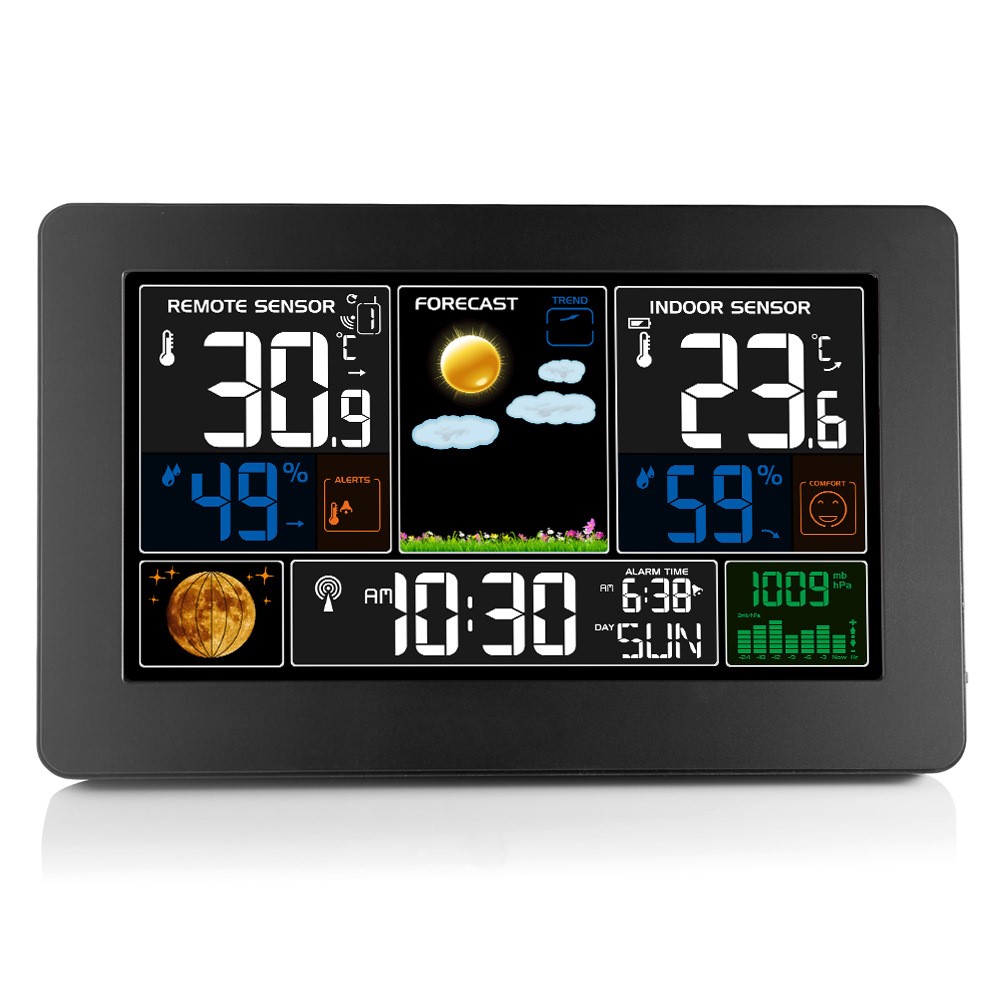 FJ3378B Multifunctional Weather Station Clock Indoor Outdoor Temperature Humidity Wall-mounted Radio Wave Digital Clock with Sensor - US Plug-7