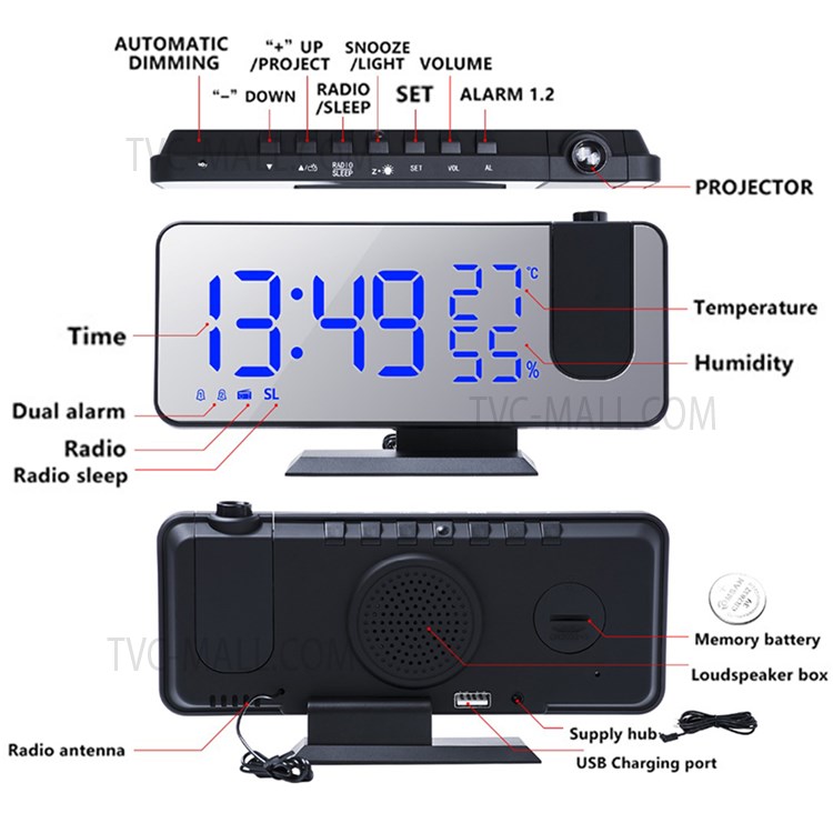 EN8827 Relógios de Exibição do Espelho LED FM Projeção de Rádio Digital Clock Com Temperatura Display de Umidade/porta Usb do Carregador - Preto Azul-5