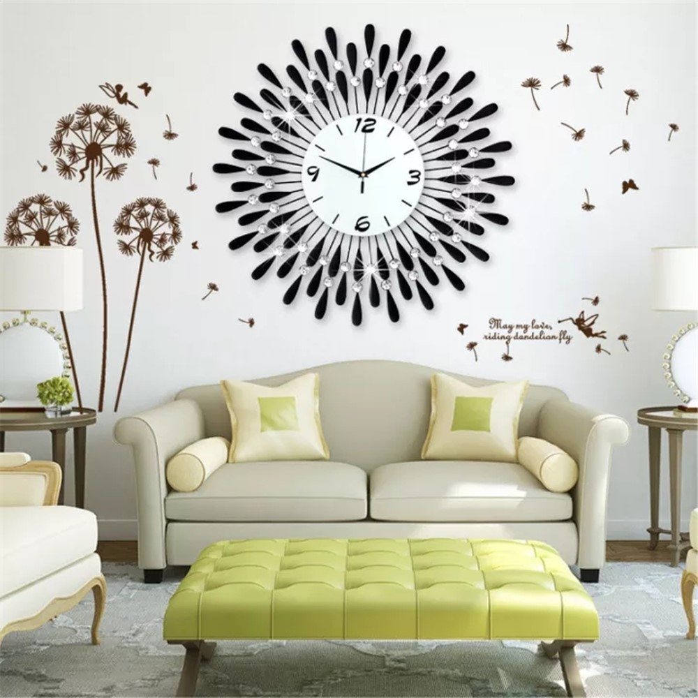 JT1301A 38x38cm Wrought Iron Wall Clock Creative Round Silent Metal Clock with Rhinestone Flower Decorated for Living Room Bedroom - Black-6