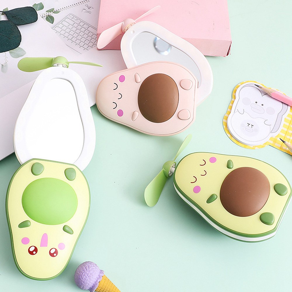 Cute Avocado Portable Rechargeable Handheld Fan Summer Mini Cooling Fan with Makeup Mirror and LED Light - Green Round Eye-8