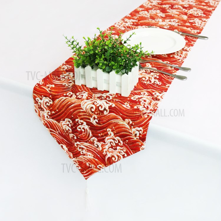 33x220cm Table Runner Tablecloths Dustproof Cover with Tassel Wedding Party Home Decoration - Red Sea Wave-1