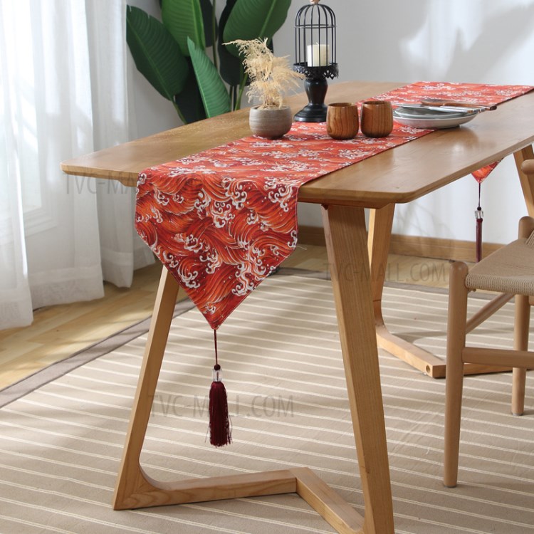 33x220cm Table Runner Tablecloths Dustproof Cover with Tassel Wedding Party Home Decoration - Red Sea Wave-2