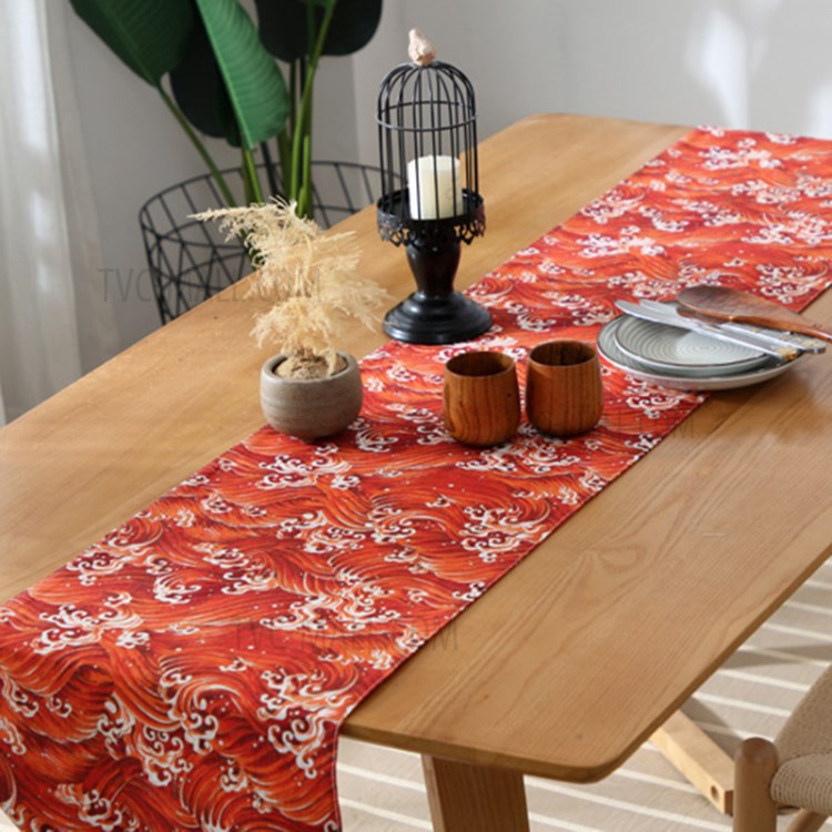 33x220cm Table Runner Tablecloths Dustproof Cover with Tassel Wedding Party Home Decoration - Red Sea Wave-3