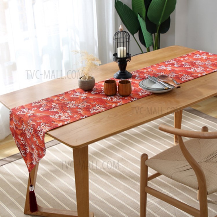 33x220cm Table Runner Tablecloths Dustproof Cover with Tassel Wedding Party Home Decoration - Red Sea Wave-4