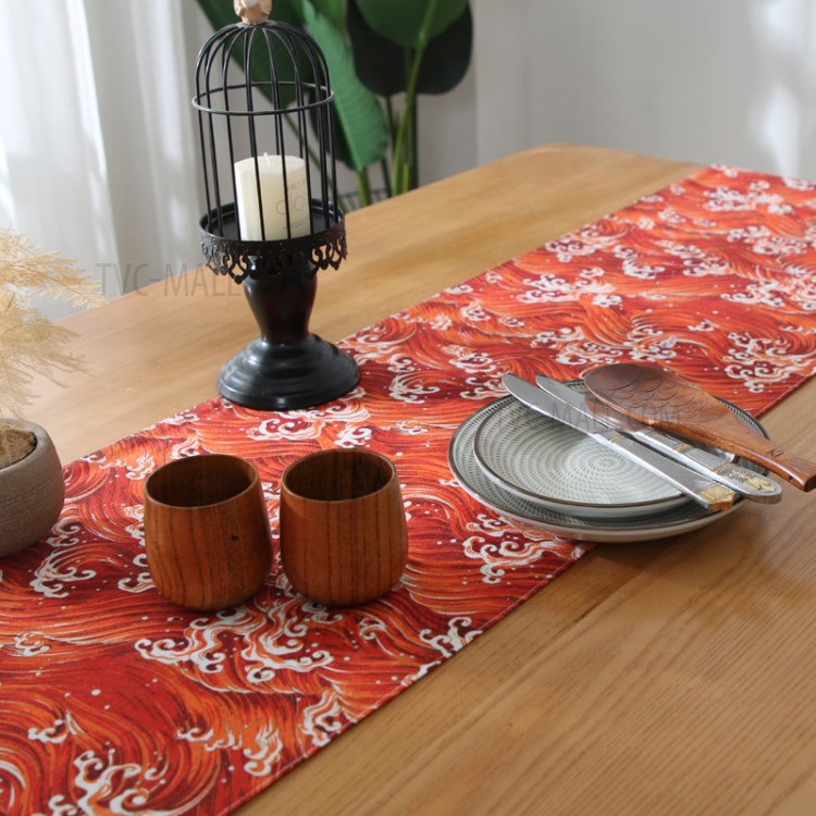 33x220cm Table Runner Tablecloths Dustproof Cover with Tassel Wedding Party Home Decoration - Red Sea Wave-5