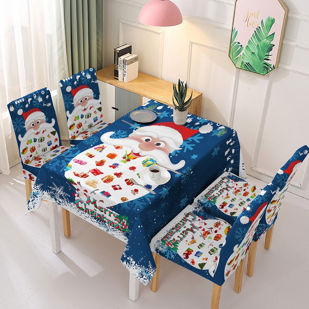 140x180cm Christmas Pattern Tablecloth with 4 Stretchable Chair Covers Kitchen Decoration - Blue Santa-1