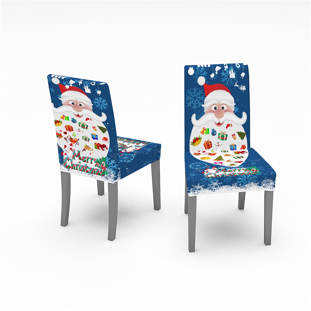 140x180cm Christmas Pattern Tablecloth with 4 Stretchable Chair Covers Kitchen Decoration - Blue Santa-2
