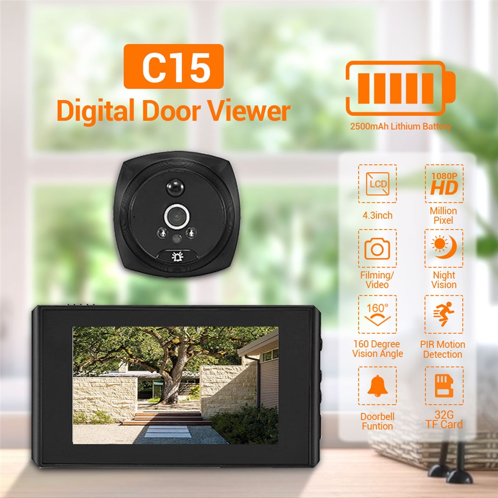 C15 4,3 Polegadas LCD Screen Digital Doorbell Pir Detecção de Movimento Peephole Night Vision Door Video Visualizador de Câmera