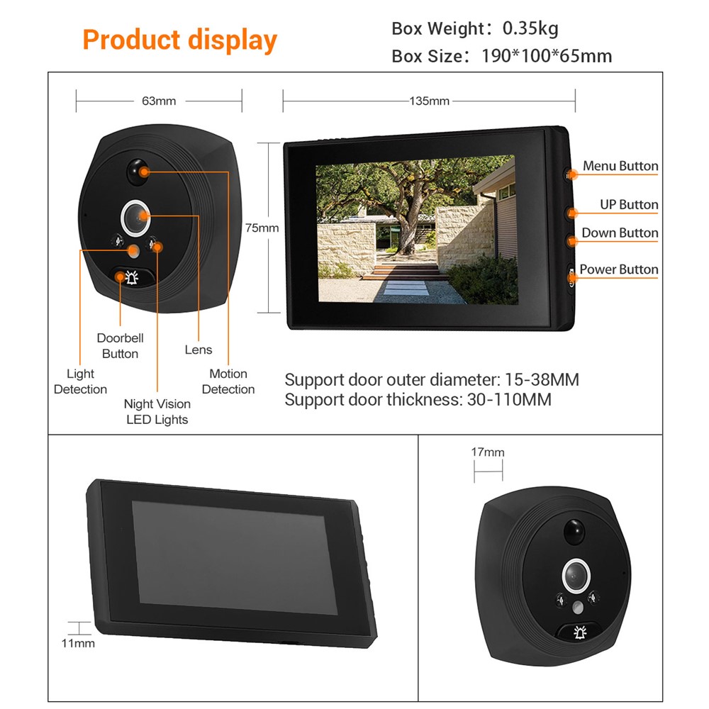 C15 4,3 Polegadas LCD Screen Digital Doorbell Pir Detecção de Movimento Peephole Night Vision Door Video Visualizador de Câmera