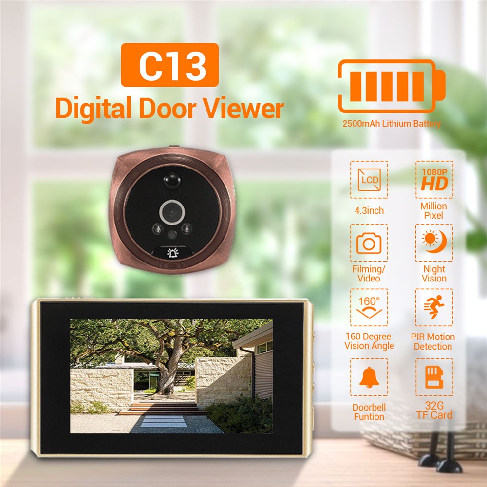 C13 1080P 4.3 inch LCD Digital Doorbell Camera 160 Degree Door Eye Doorbell Electronic Peephole Door Viewer-2