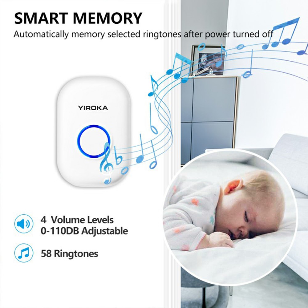 Yiroka YZ01-101 Self Wireless Smart Doorbell IP44 À Prova D 'Água Porta Elétrica Bell Com 150m Range / 4 Níveis De Volume / Indicador De LED - Plugue Da UE.