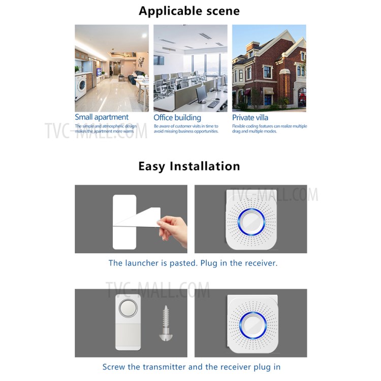 D-638 Waterproof Wireless Doorbell Household Long Distance Door Bell with Multiple Music/4 Volume Level - White-4