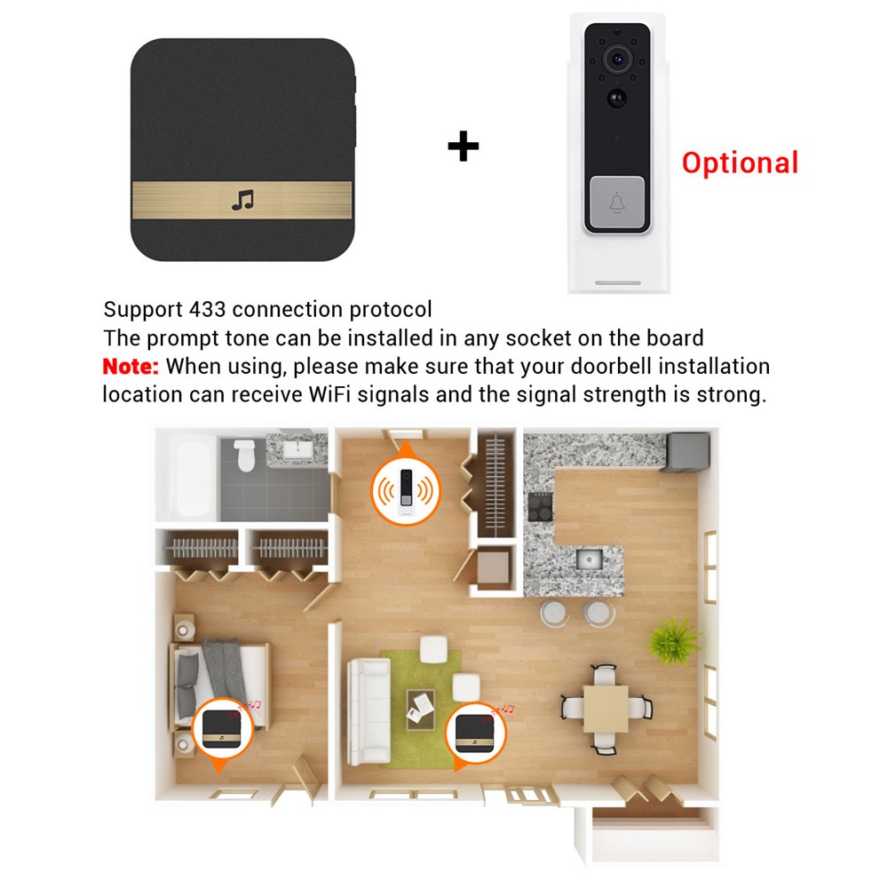 433MHz Wireless Smart Video Doorbell Chime Music Receiver Home Security Indoor Intercom Door Bell - Black EU Plug-2