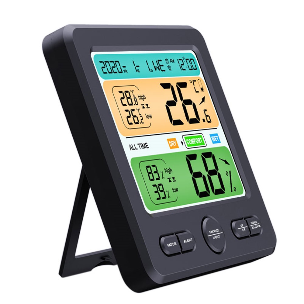 LCD Wall-mounted Desktop Indoor High-precision Thermometer Hygrometer Household Electronic Alarm Clock - Black-11