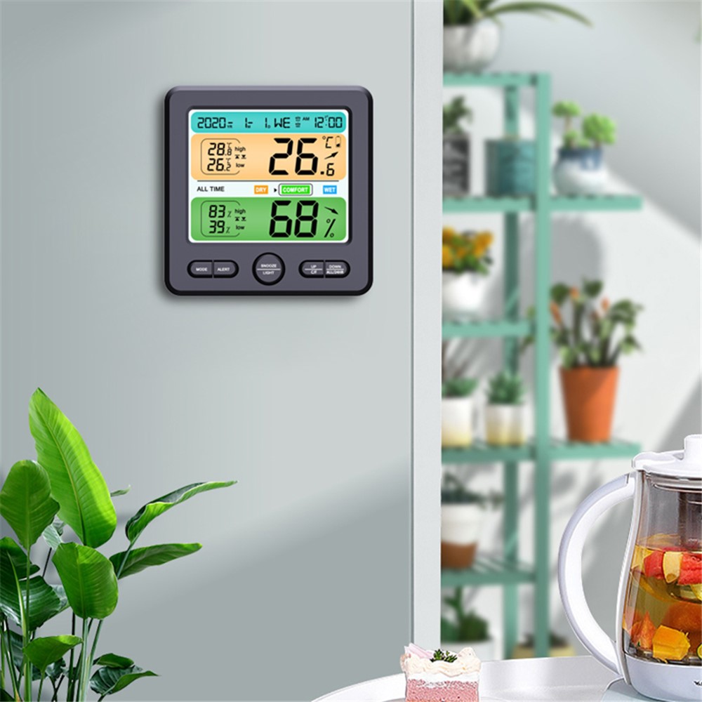 LCD Wall-mounted Desktop Indoor High-precision Thermometer Hygrometer Household Electronic Alarm Clock - Black-4