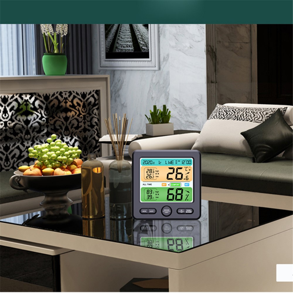 LCD Wall-mounted Desktop Indoor High-precision Thermometer Hygrometer Household Electronic Alarm Clock - Black-6