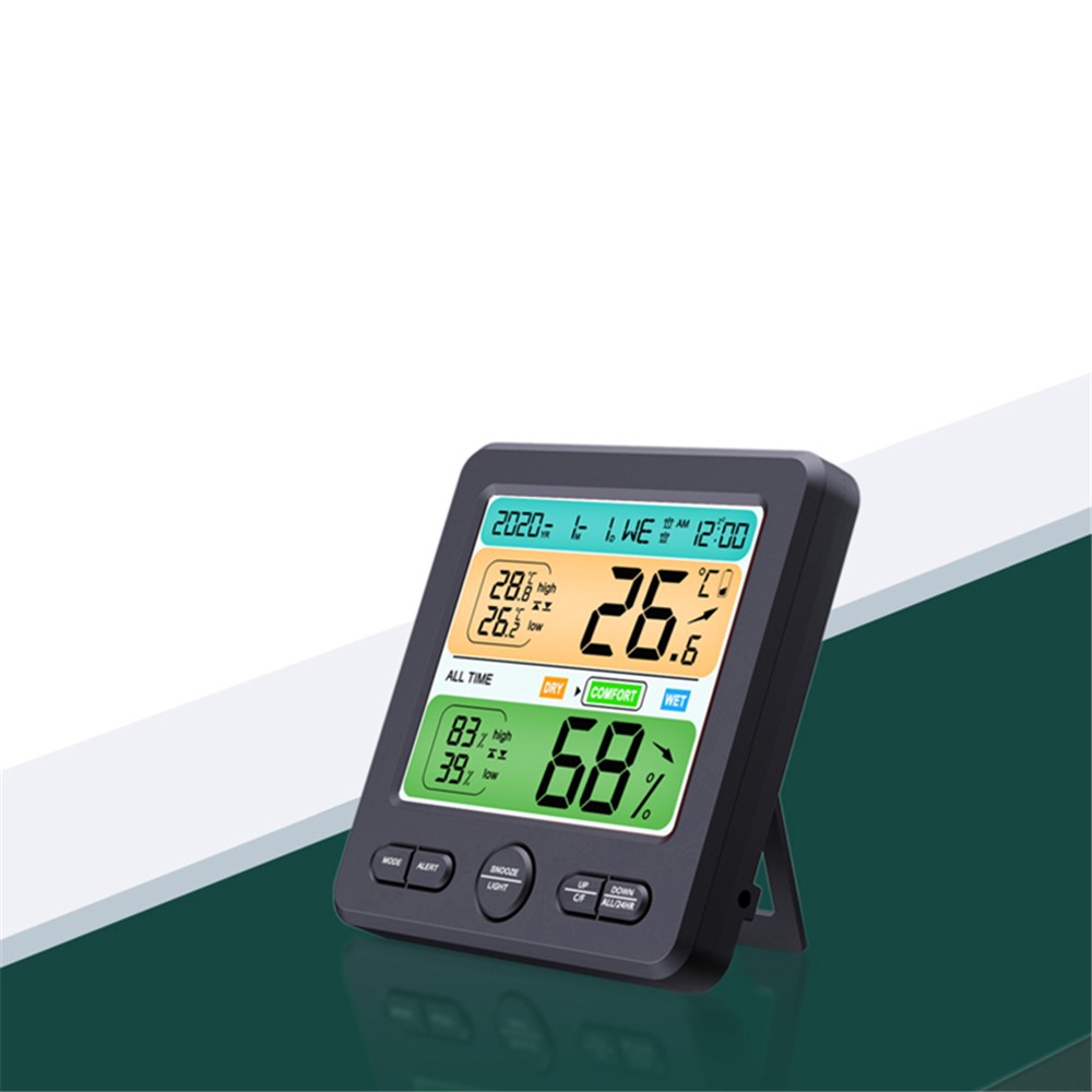 LCD Wall-mounted Desktop Indoor High-precision Thermometer Hygrometer Household Electronic Alarm Clock - Black-7