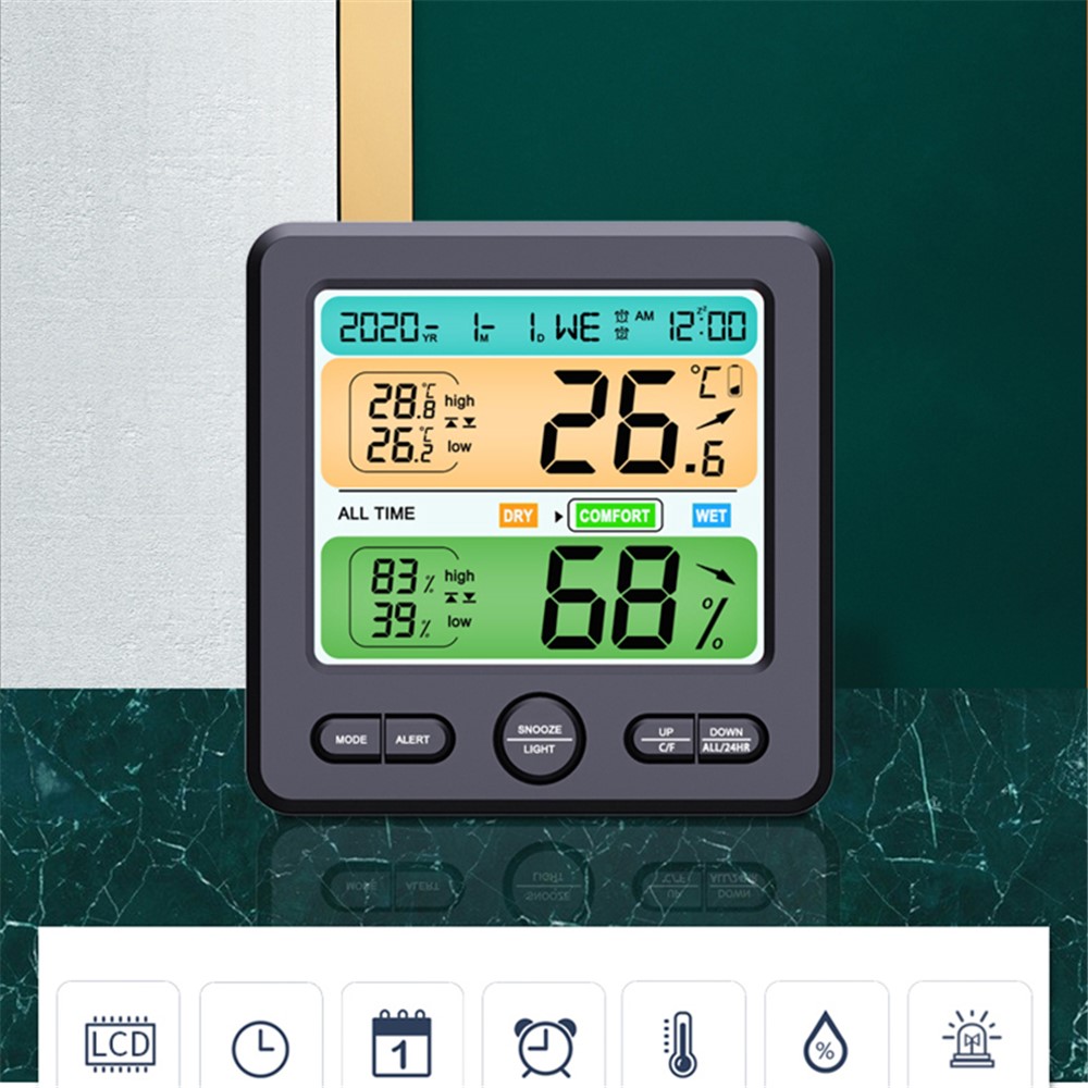 LCD Wall-mounted Desktop Indoor High-precision Thermometer Hygrometer Household Electronic Alarm Clock - Black-8
