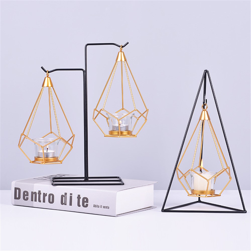 Retro Geometric Candle Holder Wrought Iron Hollow Lantern with Glass Candle Holder Metal Hexagon Shaped Creative Candle Stand for Living Room Bedroom - Triangle-2