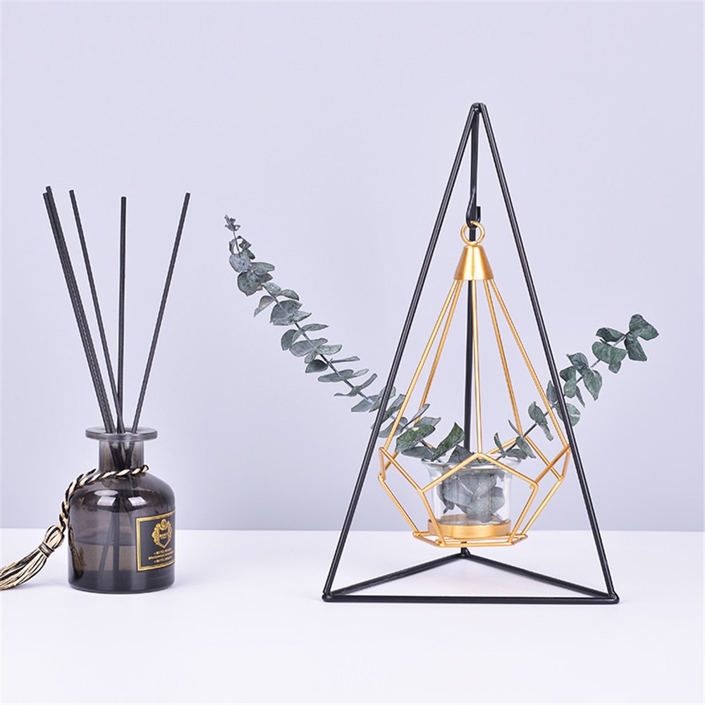 Retro Geometric Candle Holder Wrought Iron Hollow Lantern with Glass Candle Holder Metal Hexagon Shaped Creative Candle Stand for Living Room Bedroom - Triangle-3