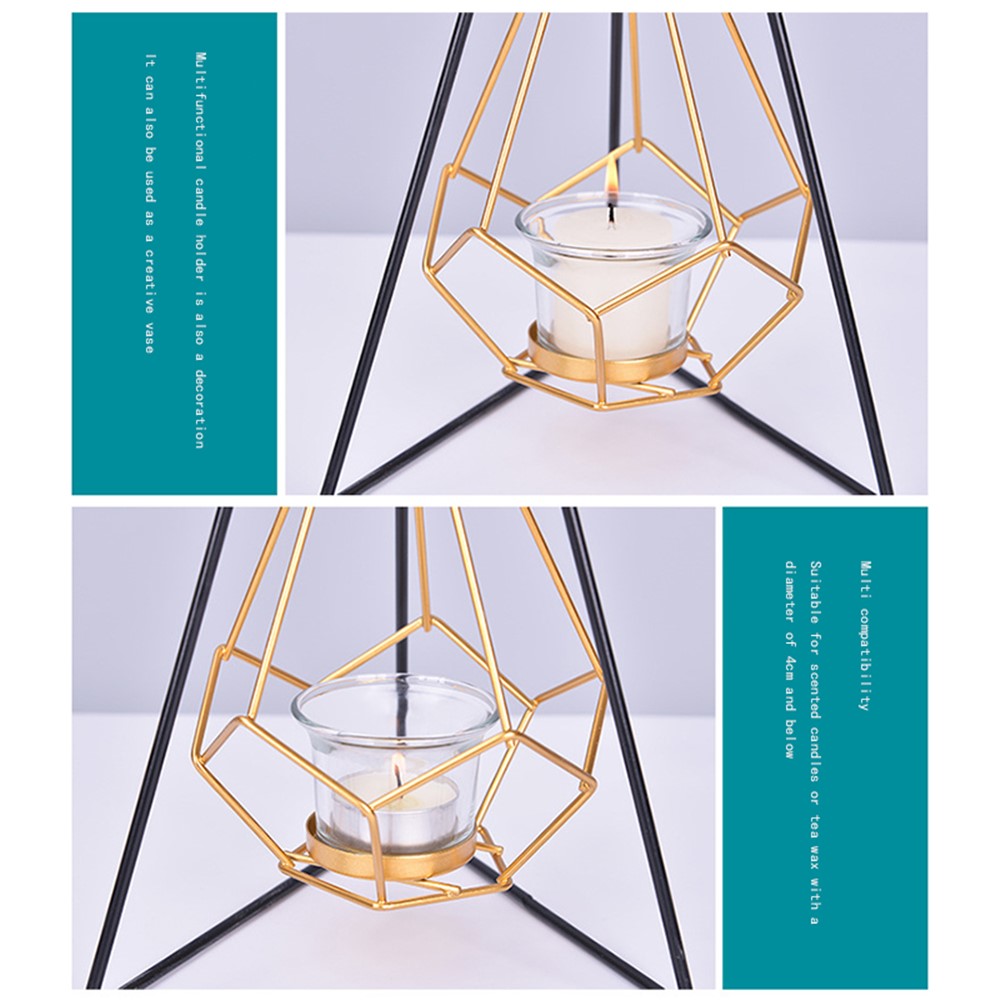 Retro Geometric Candle Holder Wrought Iron Hollow Lantern with Glass Candle Holder Metal Hexagon Shaped Creative Candle Stand for Living Room Bedroom - Triangle-4