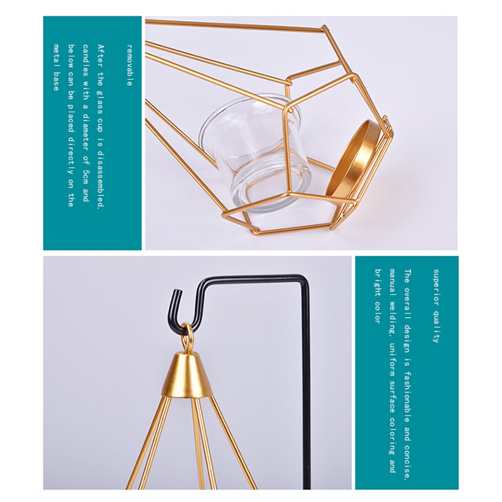 Retro Geometric Candle Holder Wrought Iron Hollow Lantern with Glass Candle Holder Metal Hexagon Shaped Creative Candle Stand for Living Room Bedroom - Triangle-5