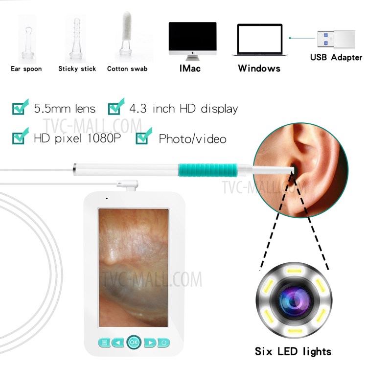 INSKAM 209 1080P 4.3 Pouces Endoscope Caméra Étanche Oreille Vidéo 3.9mm D'affichage HD-7