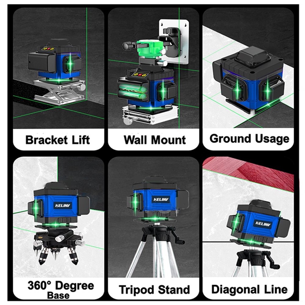 KELINV 360-Degree Rotating Laser Level Self-leveling Laser Level Meter 3D Green 12 Line Horizontal and Vertical Cross Line Tool Set for Home School Factory - EU Plug-9