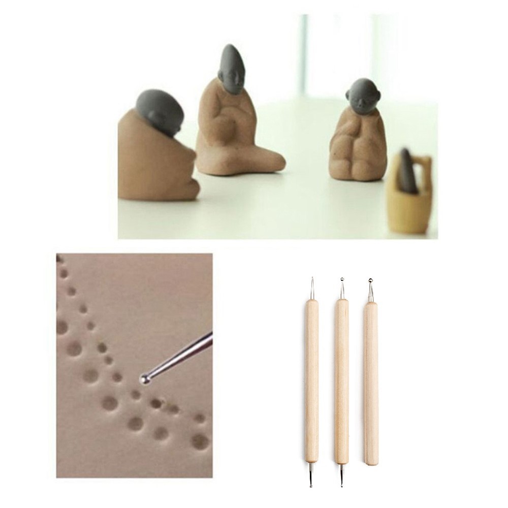 2112905 3Pcs Wooden Handle Ball Stylus Tool Set for Embossing Pattern Clay Sculpting-3