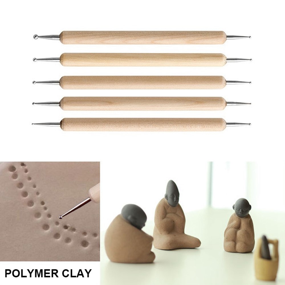 2112905 5Pcs Double-ended Ball Styluses with Wooden Handle for Embossing Pattern Clay Sculpting Wax Polymer Dotting Tool-3
