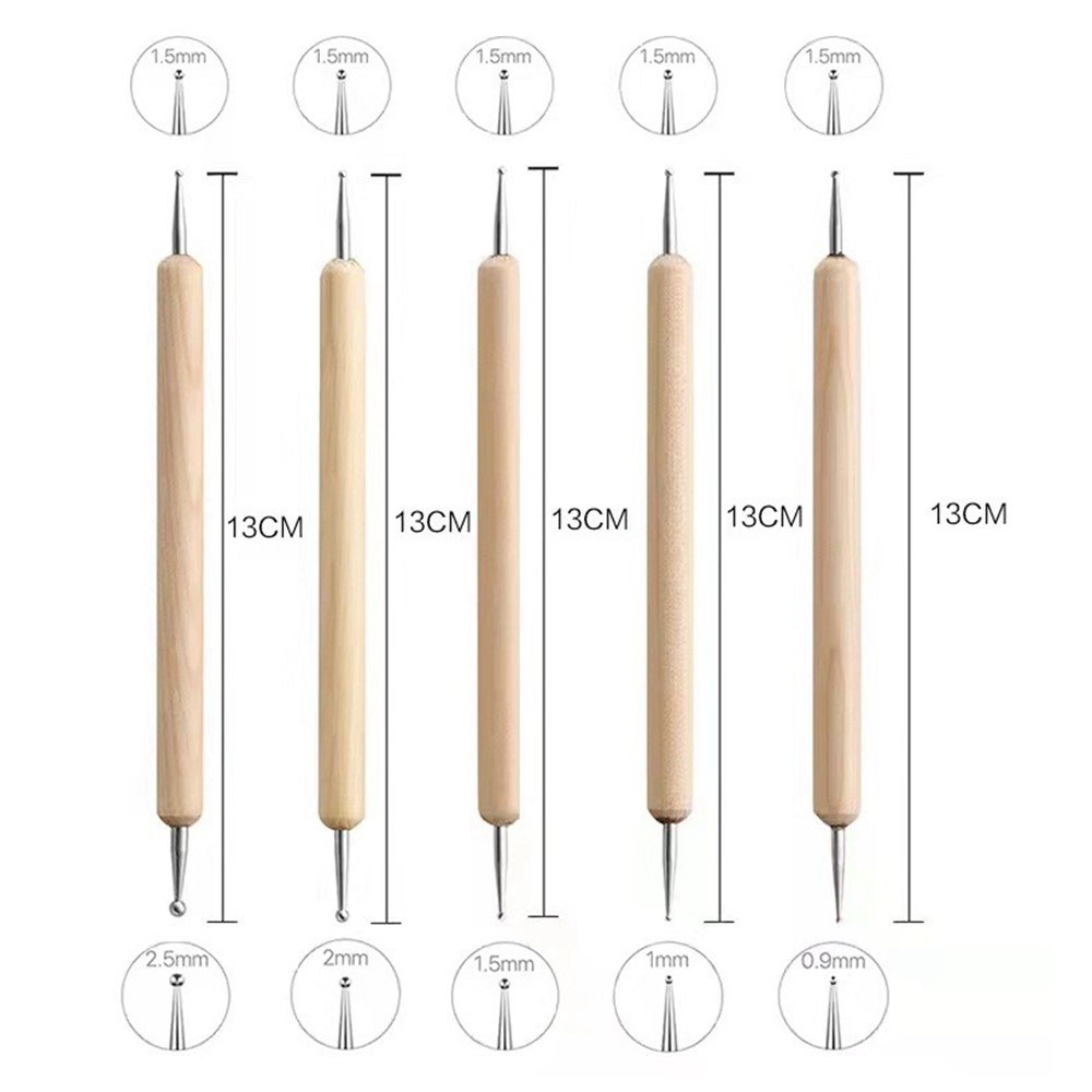2112905 5Pcs Double-ended Ball Styluses with Wooden Handle for Embossing Pattern Clay Sculpting Wax Polymer Dotting Tool-6