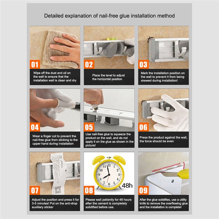 For Kitchen Bathroom 5 Hooks Punch Free Lengthened Clothes Hanger Wall Mounted Keys Coat Hook (with Nail-free Glue and Tape) - White-6