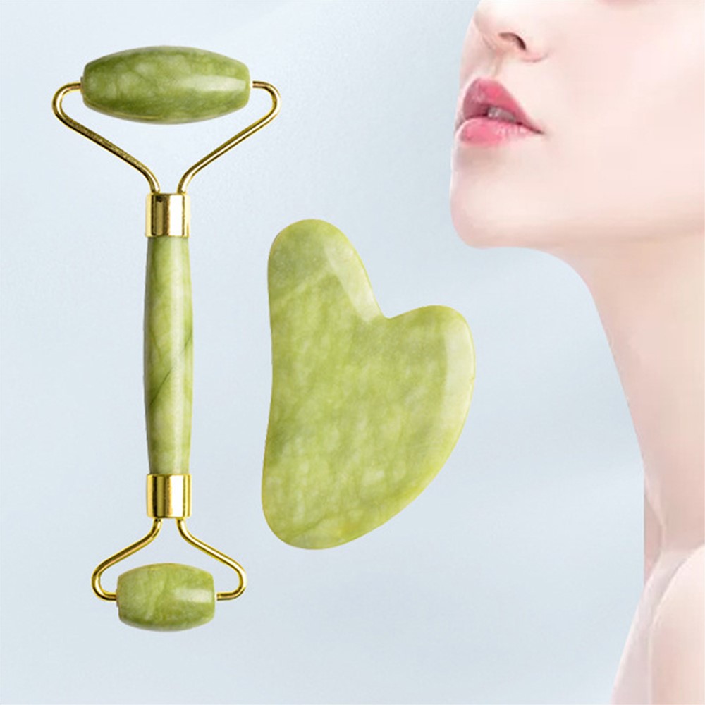 Natural Jade Dual Head Massage Roller Heart Shape Guasha Board Face Slimming Puffy Eyes Removal Anti-Aging Skin Care Tools Set-1