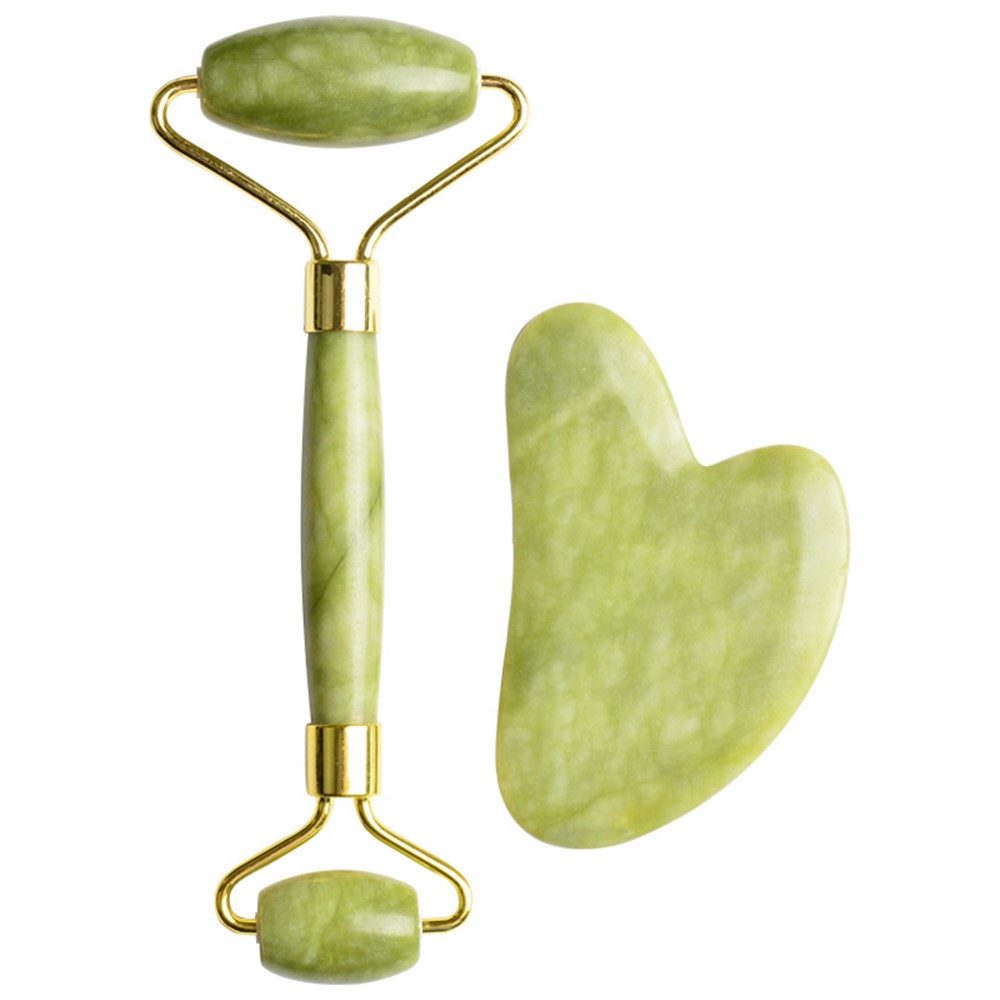 Natural Jade Dual Head Massage Roller Heart Shape Guasha Board Face Slimming Puffy Eyes Removal Anti-Aging Skin Care Tools Set-2
