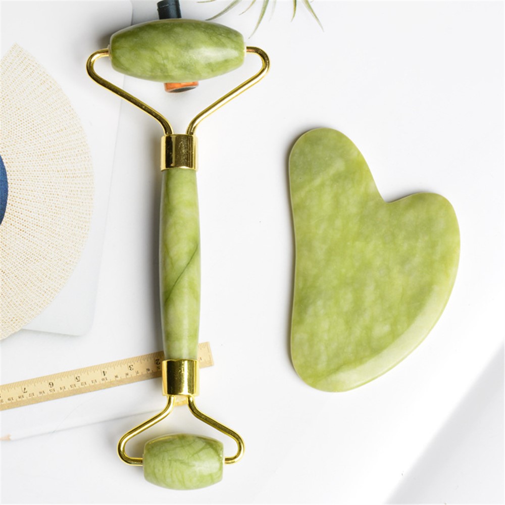 Natural Jade Dual Head Massage Roller Heart Shape Guasha Board Face Slimming Puffy Eyes Removal Anti-Aging Skin Care Tools Set-3