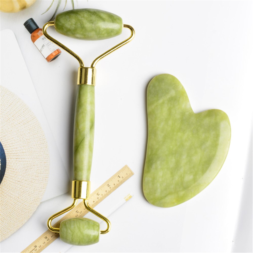 Natural Jade Dual Head Massage Roller Heart Shape Guasha Board Face Slimming Puffy Eyes Removal Anti-Aging Skin Care Tools Set-4
