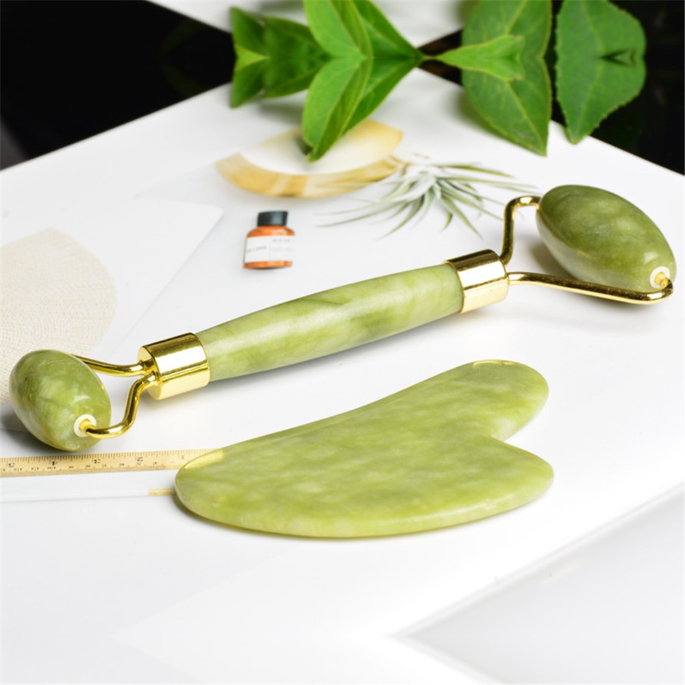 Natural Jade Dual Head Massage Roller Heart Shape Guasha Board Face Slimming Puffy Eyes Removal Anti-Aging Skin Care Tools Set-6