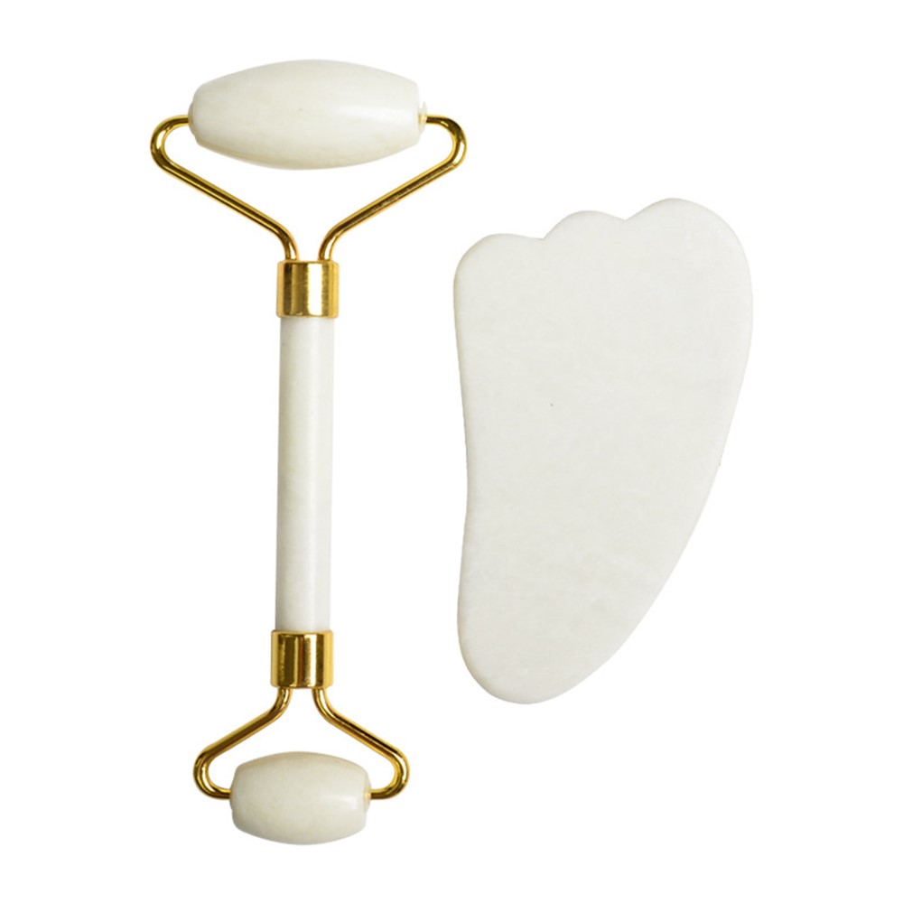 Natural Jade Dual Head Massage Roller + Guasha Board Scraper Face Slimming Anti-Aging Puffy Eyes Facial Skin Care Tools - Style C-1